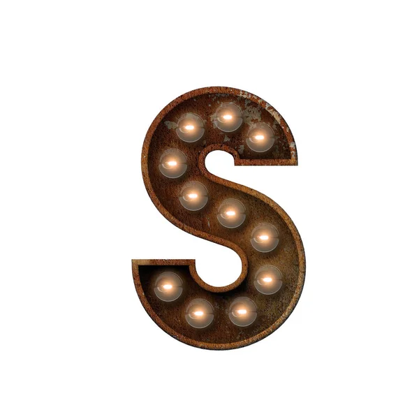 Rusted metal letter S light bulb fonte. Renderização 3D — Fotografia de Stock