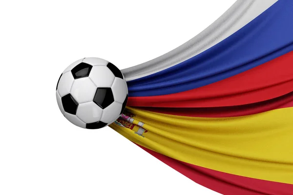 Futbol topuyla Rusya ve İspanya bayrağı. 3d Hazırlama — Stok fotoğraf