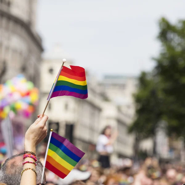 Un espectador ondea una bandera de arco iris gay en una marcha de orgullo gay LGBT — Foto de Stock