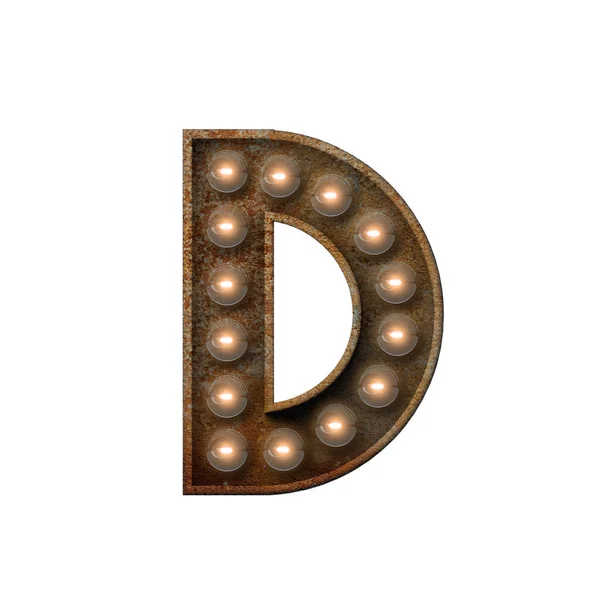 Ржавая металлическая буква D шрифт лампочки. 3D рендеринг — стоковое фото