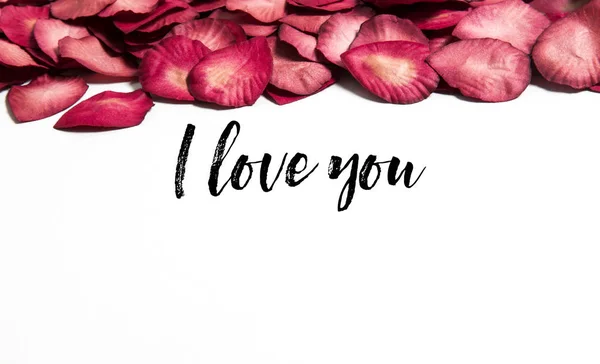 Red rose petals with I love you message — Stock Photo, Image