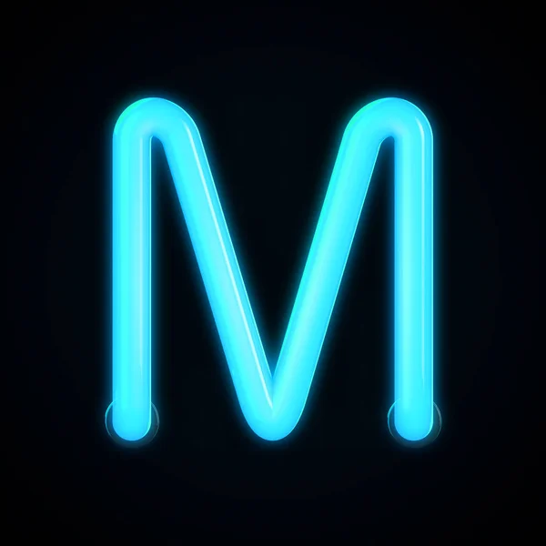 파란색 네온빛나는 빛의 글자 M 대문자입니다. 3D 렌더링 — 스톡 사진
