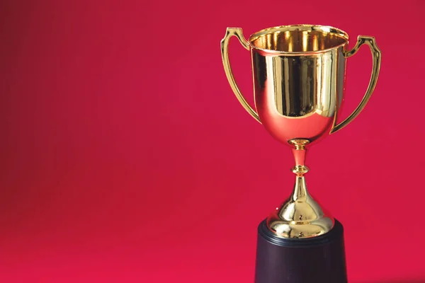 Gold winners trophy cup on a red background — ストック写真