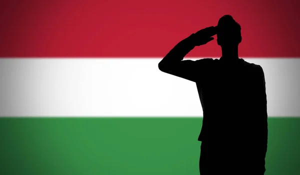 Egy Katona Sziluettje Aki Magyar Zászló Előtt Tiszteleg — Stock Fotó