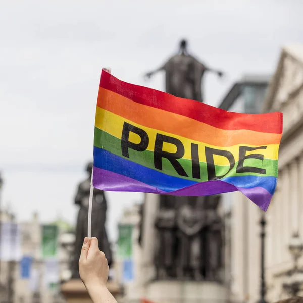 A spectator waves a gay rainbow flag at an LGBT gay pride march — Stock Photo, Image