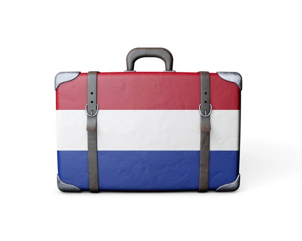 네덜란드는 빈티지 가죽 가방에 깃발을 꽂는다. 3D 렌더링 — 스톡 사진