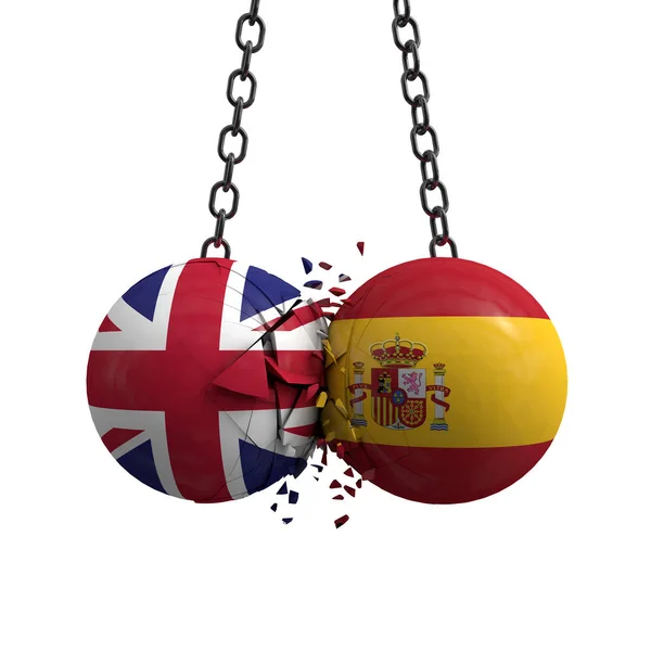 United Kingdom and Spain flag political balls smash into each ot — Stock Photo, Image