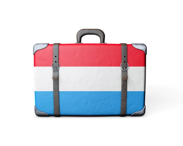 오래 된 가죽 가방에 룩셈부르크 국기가 걸려 있다. 3D 렌더링 — 스톡 사진