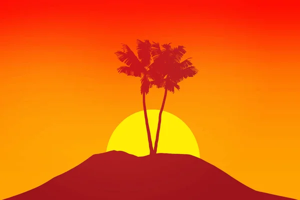 Tropical palm tree silhouette against sunset sky. 3d rendering — ストック写真