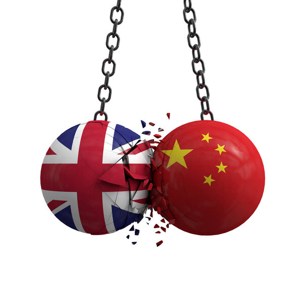 Политические шары под флагом Великобритании и Китая врезаются в каждый из них
