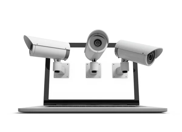 Bezpieczeństwo online. Laptop z kamerami ochrony Cctv. 3d Renderowanie — Zdjęcie stockowe