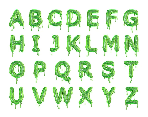 Alfabe alfabesindeki yeşil sümüksü harfler. 3d Hazırlama — Stok fotoğraf