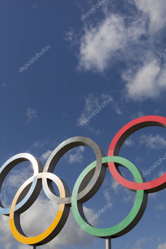 LONDON, UK - February 15th 2018: The Olympic symbol, made up of five interconnected coloured rings, under a blue sky