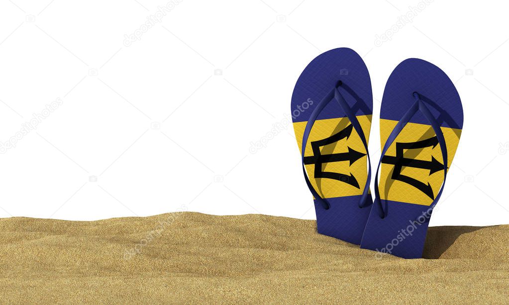 Barbados flag flip flop sandals on a white background. 3D Render