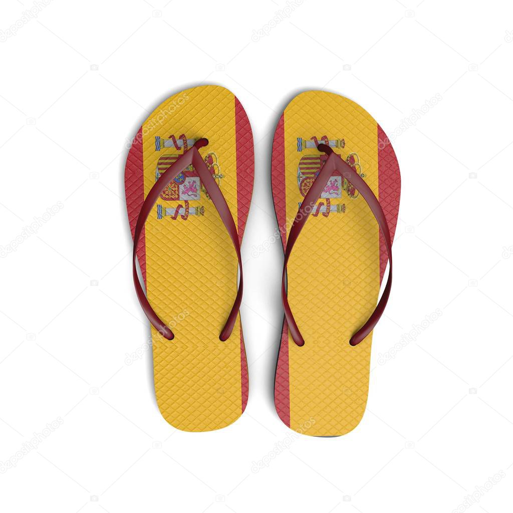 Spain flag flip flop sandals on a white background. 3D Rendering