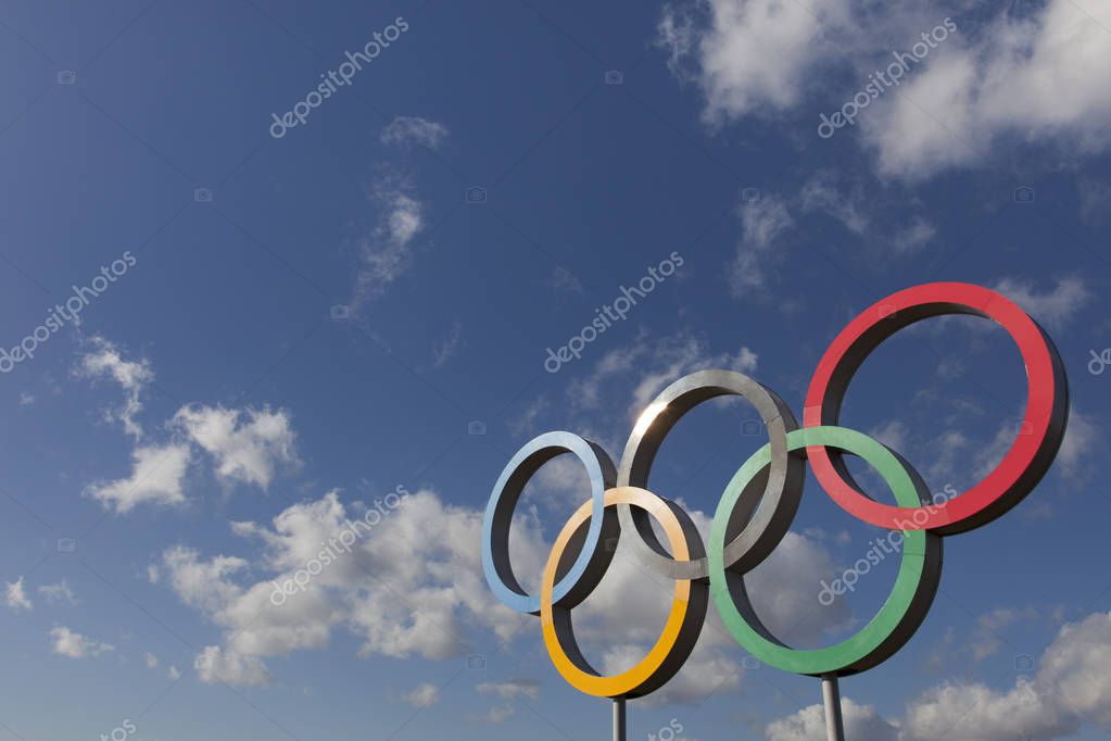 LONDON, UK - February 15th 2018: The Olympic symbol, made up of five interconnected coloured rings, under a blue sky
