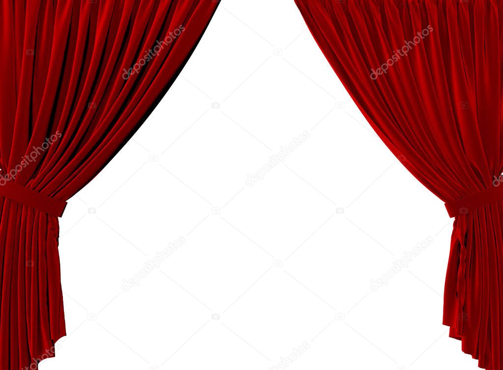 Red fabric theatre curtains on a plain white background. 3D Rendering