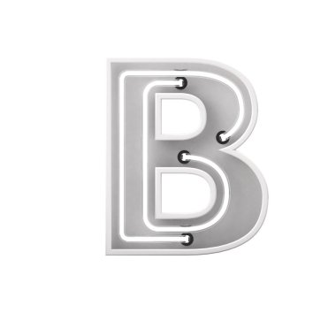 Beyaz neon ışıklı harf B. Parlayan Neon Capital harfi. 3d oluşturma