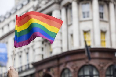 Bir seyirci Lgbt gey yürüyüşünde gey gökkuşağı bayrağı sallıyor 