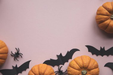 Pastel pembe arka planda Cadılar Bayramı süslemeleri. Yat yere, pompa.