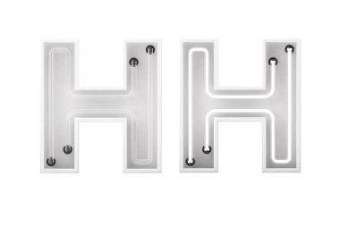 Beyaz neon ışıklı harf H. Açık ve kapalı neon harfler. 3d oluşturma