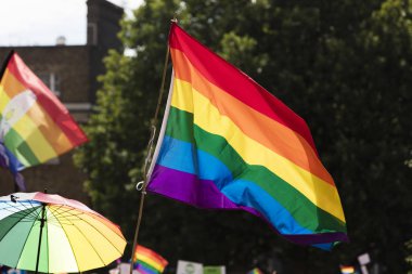 Gay gökkuşağı bayrağı Londo 'da bir Lgbt gay yürüyüşünde sallanıyor