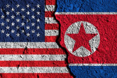Amerika ve Kuzey Kore bayrakları arasındaki çatlak. siyasi ilişkiler