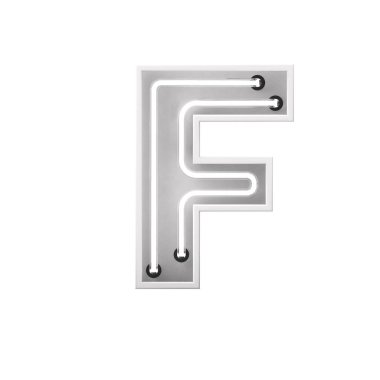 Beyaz neon ışıklı F harfi. Parlayan neon büyük harf. 3d oluşturma