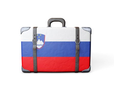 Antika deri bir bavulda Slovenya bayrağı. 3d Hazırlama