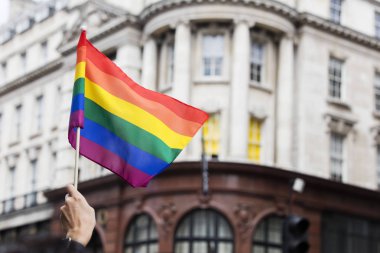 Bir seyirci Lgbt gey yürüyüşünde gey gökkuşağı bayrağı sallıyor 