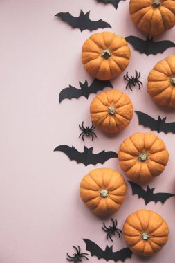 Pastel pembe arka planda Cadılar Bayramı süslemeleri. Yat yere, pompa.