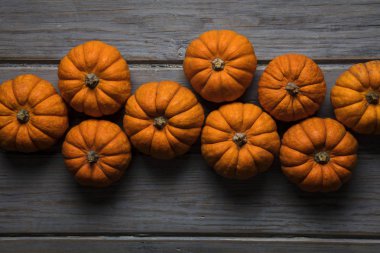 Mini balkabakları ahşap bir arka planda dizilmiş.