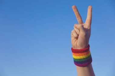 Gay gurur konsepti. Gay gururu Lgb ile V barış işareti yapıyor.