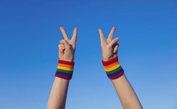 Concepto de orgullo gay. Mano haciendo un signo de paz V con orgullo gay LGB —  Fotos de Stock