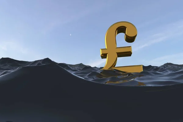 British pound sterling symbol at sea. Drowning in debt financial