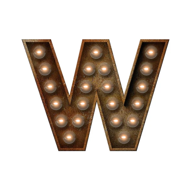 Rusted metal letter W light bulb font. 3D Rendering — Stock Photo, Image