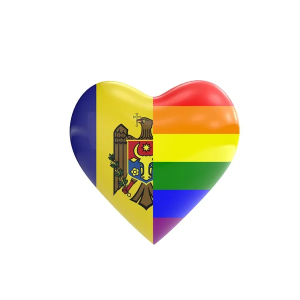 Drapeau Moldavie et drapeau gay LGBT arc-en-ciel en forme de coeur. Droits des homosexuels c — Photo