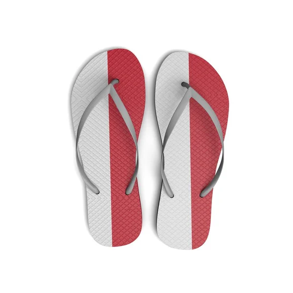 Indonesien flagga flip flopp sandaler på en vit bakgrund. 3d Rende — Stockfoto