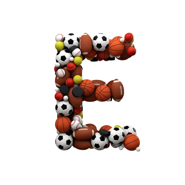 手紙E スポーツボールから作られたフォント 3Dレンダリング — ストック写真