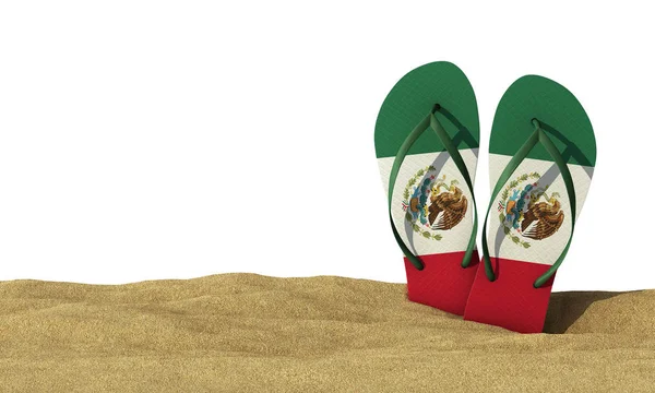 Mexiko flagga flip flopp sandaler på en vit bakgrund. 3d Renderin — Stockfoto