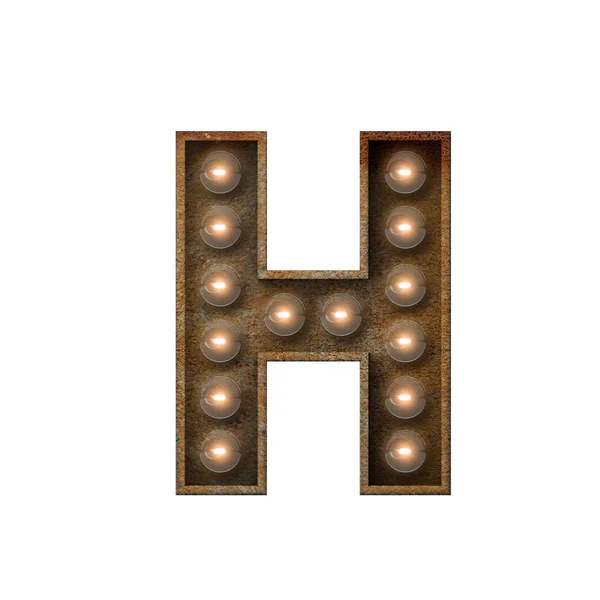 Rusted metal letter H light bulb fonte. Renderização 3D — Fotografia de Stock