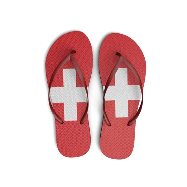 Zwitserland vlag flip flop sandalen op een witte achtergrond. 3d Ren — Stockfoto