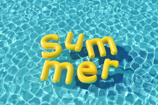 清澈的蓝色游泳池，夏天的字谜飘浮在水面上 — 图库照片