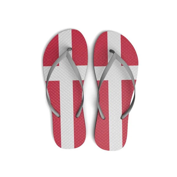 Danmark flagga flip flopp sandaler på en vit bakgrund. 3d Renderi — Stockfoto