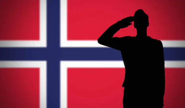 Egy katona sziluettje, amint a norvég zászlónak szalutál. — Stock Fotó