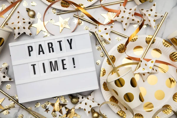 Party time lightbox celebration message with luxury gold party d — Stock Photo, Image