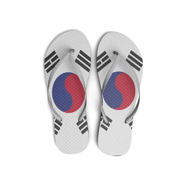 Flip-Flop-Sandalen mit südkoreanischer Flagge auf weißem Hintergrund. 3d ren — Stockfoto