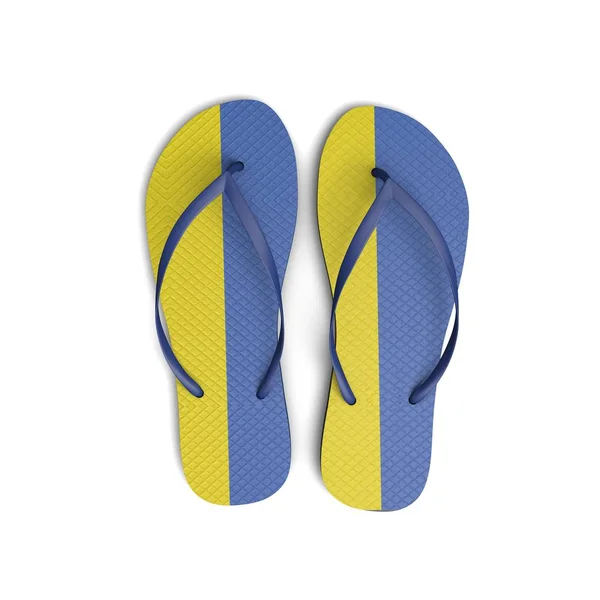 Flip-Flop-Sandalen mit ukrainischer Flagge auf weißem Hintergrund. 3D-Renderi — Stockfoto