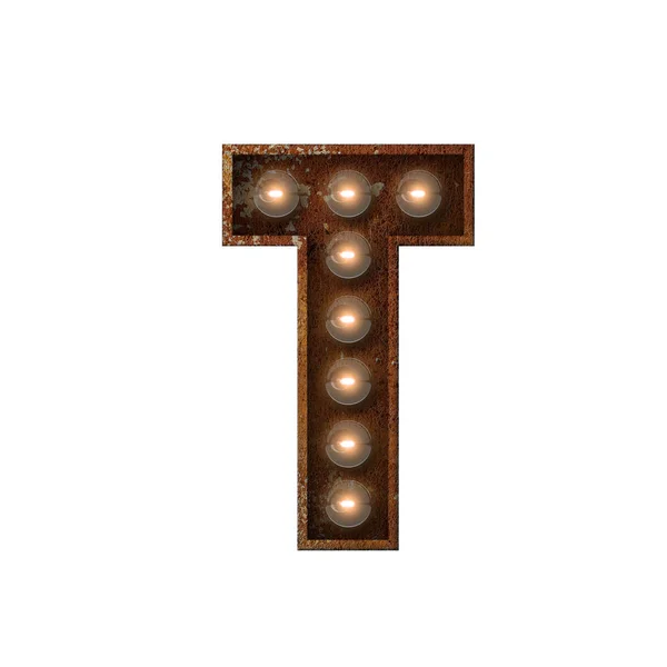 Rusted metal letter T light bulb fonte. Renderização 3D — Fotografia de Stock