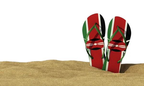 Кенійський прапор перевертає осколкові сандалі на білому тлі. 3d рендеринг — стокове фото